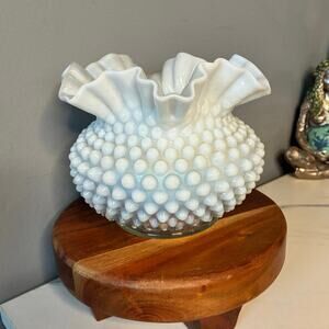 Vintage White Opalescent Hobnail Ruffled Vase – Fenton Style – Stunning Glow